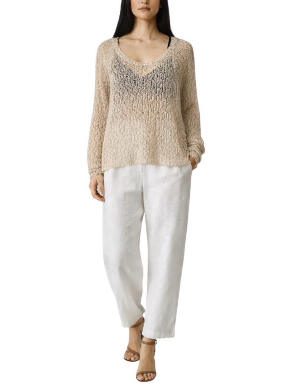 Eileen Fisher Organic Cotton Sweater | Neutral Oatmeal | Luxe Open Weave | Large